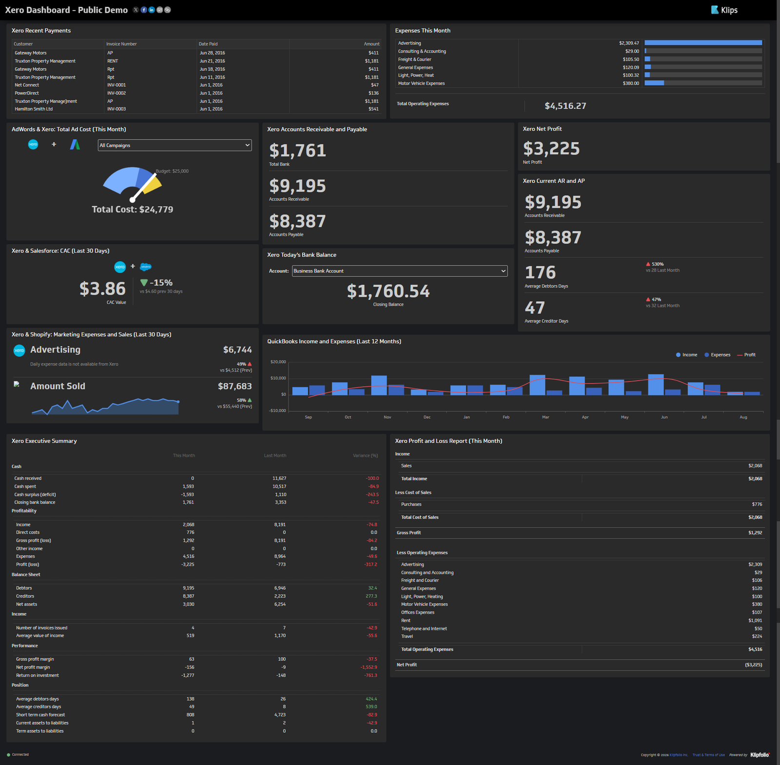 Xero dashboard showing net profit, accounts receivable and payable, executive summary, and profit and loss report